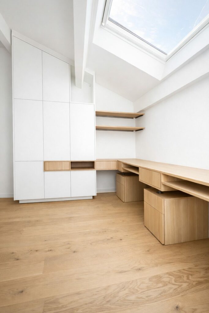 Bureau aménagé sous les combles pour un particulier à Lyon, menuiserie sur mesure BE PROCESS