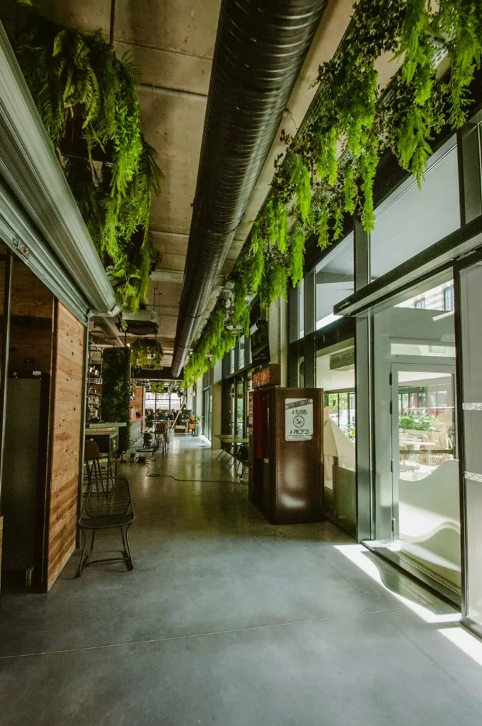 Passage entre les échoppes du food court Le Beau Marché, bardage bois et lumière traversante